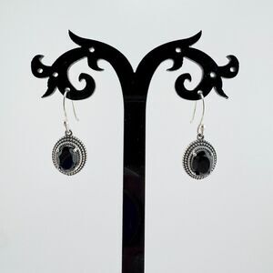 925 Sterling Silver Black Onyx Oval Drop Earrings Dangle Antiqued Southwestern